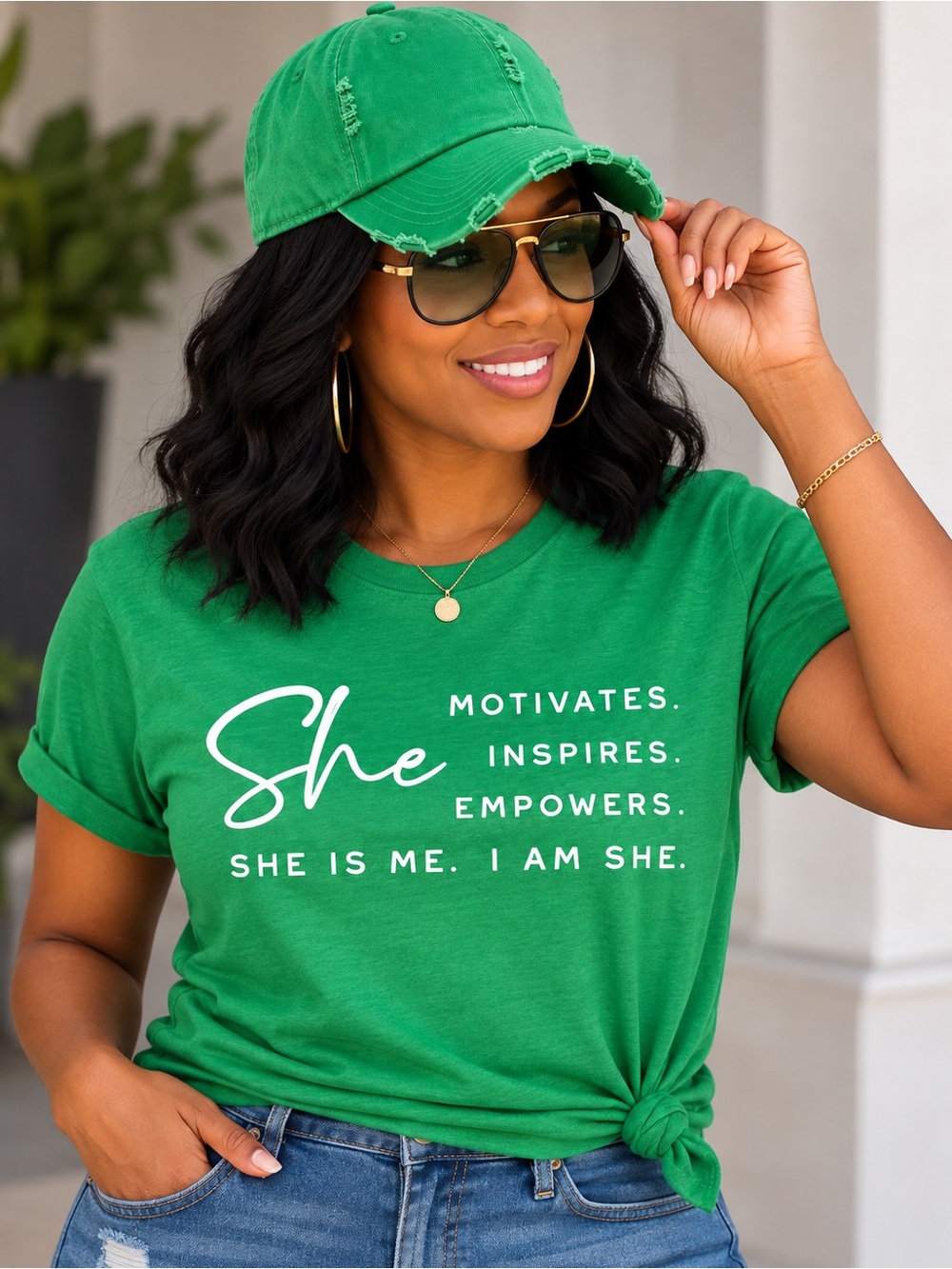She Motivates Inspires Empowers Green Women's Tee